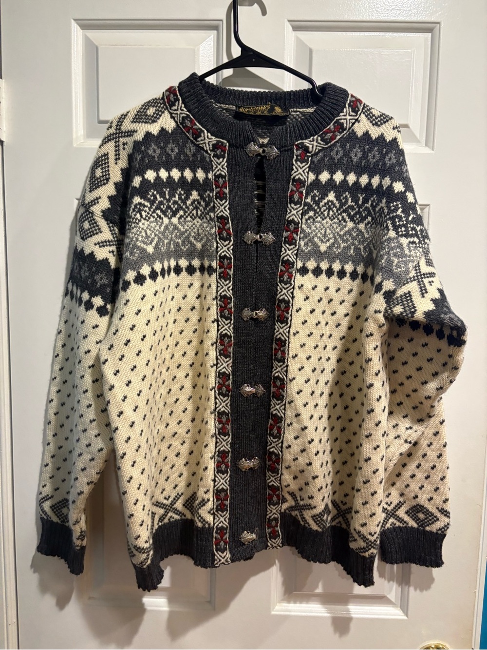 Vintage Norway Nordstrikk wool sweater cardigan fair isle sz L ivory gray